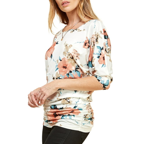 Made by Johnny Women's Boat Neck 3/4 Sleeve Draped Dolman Top with Side Shirring Premium Shirt XS WHITE_FLORAL