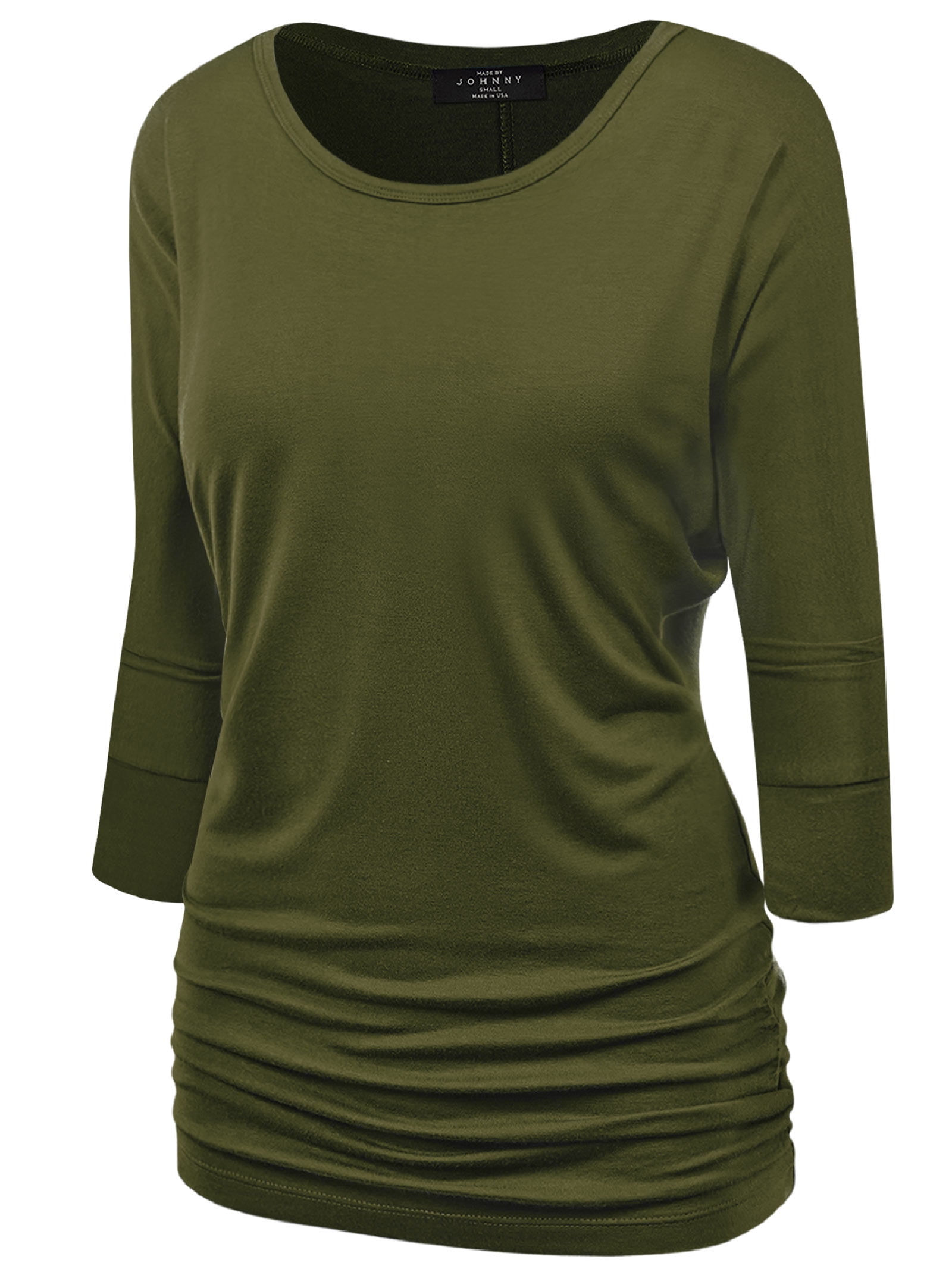 Womens Solid Short Sleeve V-Neck Boat Neck Dolman Top With Side Shirring Drape Tunic