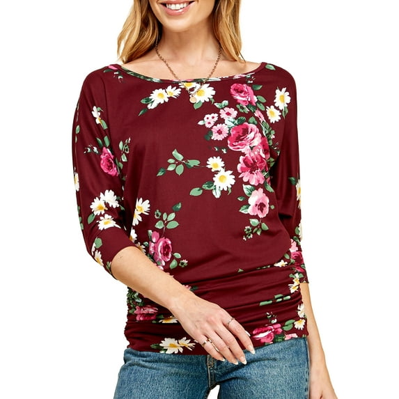 Made by Johnny Women's Boat Neck 3/4 Sleeve Draped Dolman Top with Side Shirring Premium Shirt XXXL WINE_FLORAL