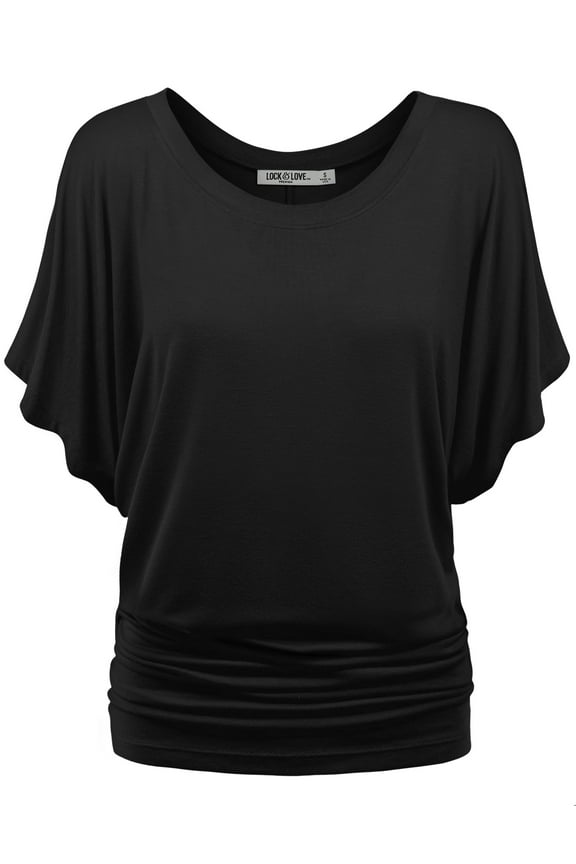 Women's Boat Neck Short Sleeve Dolman Drape Top L BLACK