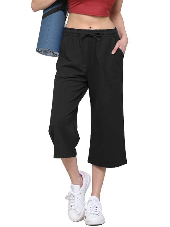 Women's Capri Pants Loose Yoga Pants Wide Leg Drawstring Comfy Lounge Pajama Capris Sweatpants with Pockets L BLACK