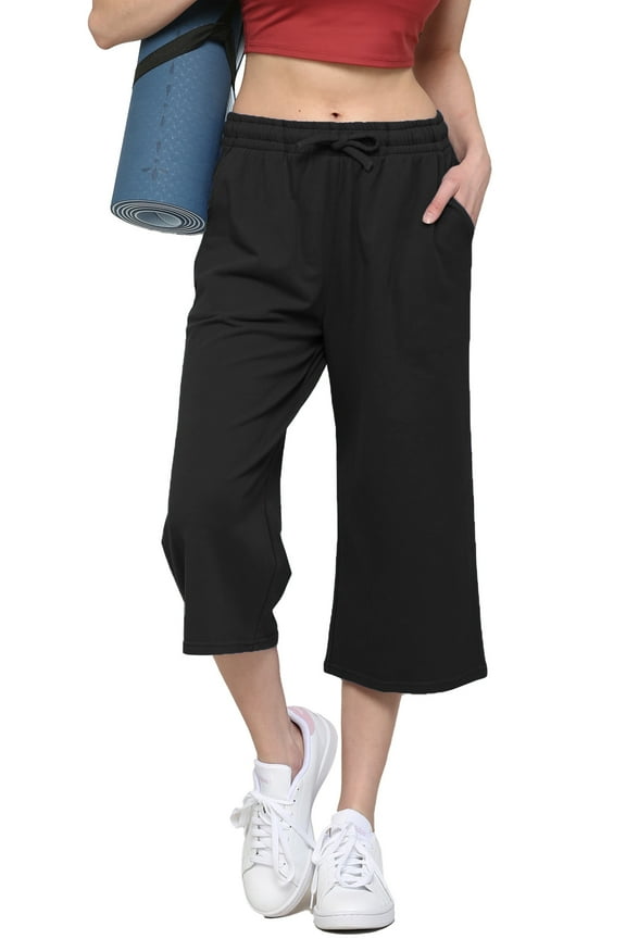 Women's Capri Pants Loose Yoga Pants Wide Leg Drawstring Comfy Lounge Pajama Capris Sweatpants with Pockets L BLACK