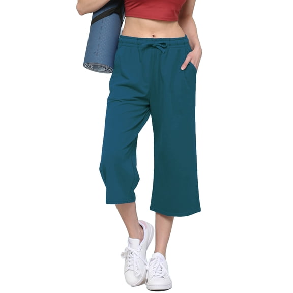 Made by Johnny Women's Capri Pants Loose Yoga Pants Wide Leg Drawstring Comfy Lounge Pajama Capris Sweatpants with Pockets L TEAL