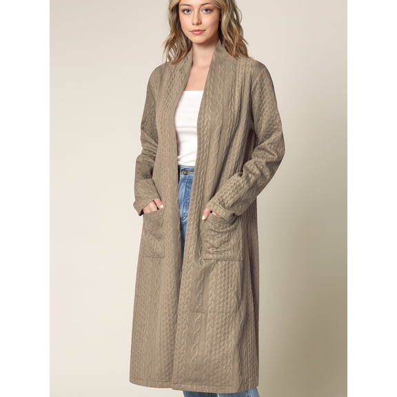 Made by Johnny Women's Casual Cozy Braided Open Front Long Pocket Cardigan Sweater M TAUPE