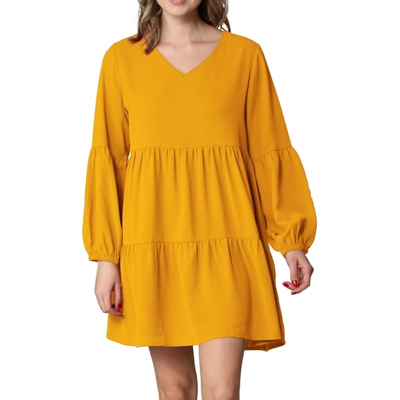 Made by Johnny Women's Casual Long Sleeve V-Neck Loose Flowy Swing Shift Dress L MUSTARD