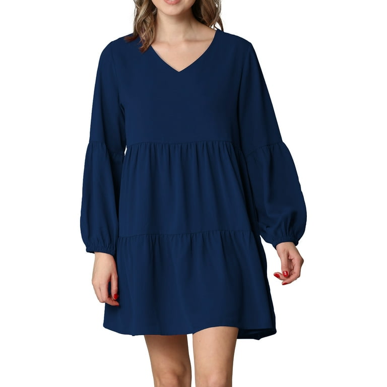 Made by Johnny Women s Casual Long Sleeve V Neck Loose Flowy Swing Shift Dress M Navy Size Medium Blue