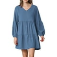 thumbnail image 1 of Made by Johnny Women's Casual Long Sleeve V-Neck Loose Flowy Swing Shift Dress S DENIM, 1 of 5