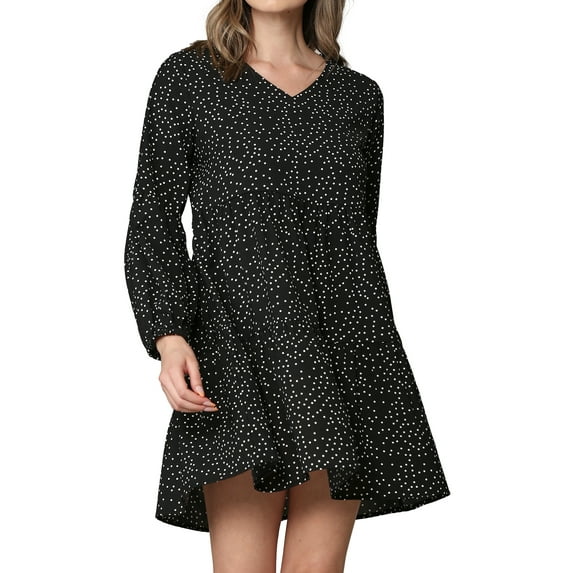 Made by Johnny Women's Casual Long Sleeve V-Neck Loose Flowy Swing Shift Dress XL BLACK_POLKA