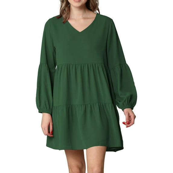Made by Johnny Women's Casual Long Sleeve V-Neck Loose Flowy Swing Shift Dress XL GREEN