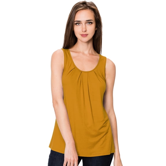 Made by Johnny Women's Casual Loose Fit Sleeveless Pleated Scoop Neck Tank Top M MUSTARD