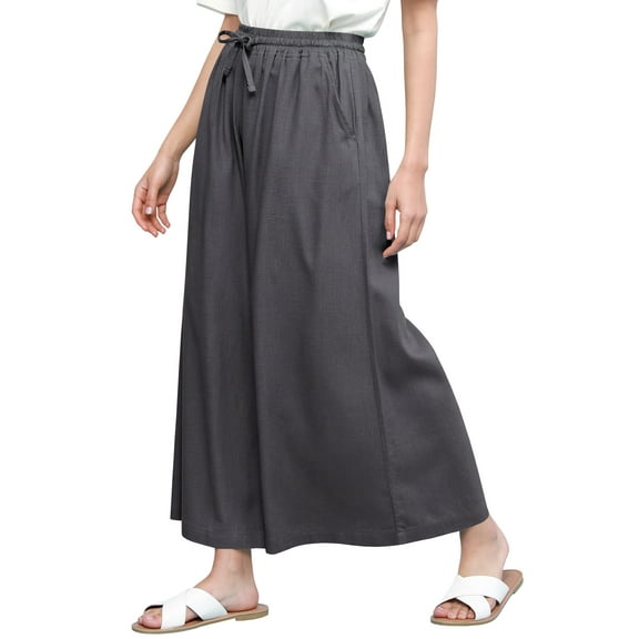 Made by Johnny Women's Casual Loose Washed Linen Wide Leg Pants with Pockets and Drawstring L DARK_GREY