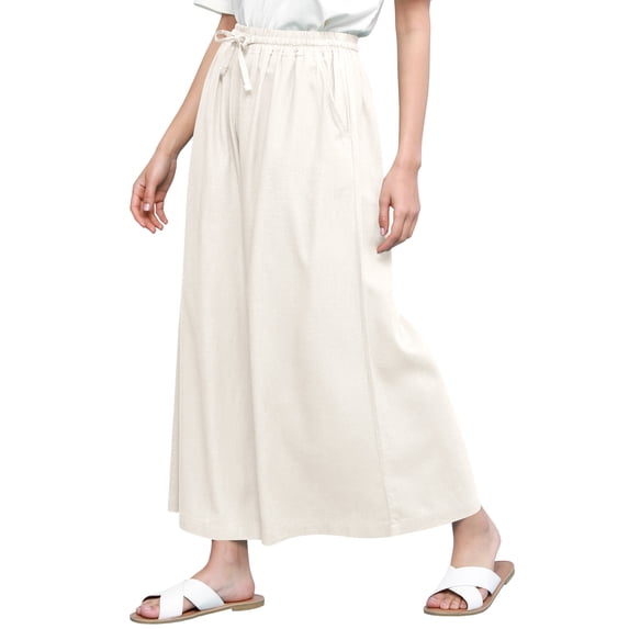 Made by Johnny Women's Casual Loose Washed Linen Wide Leg Pants with Pockets and Drawstring L WHITE