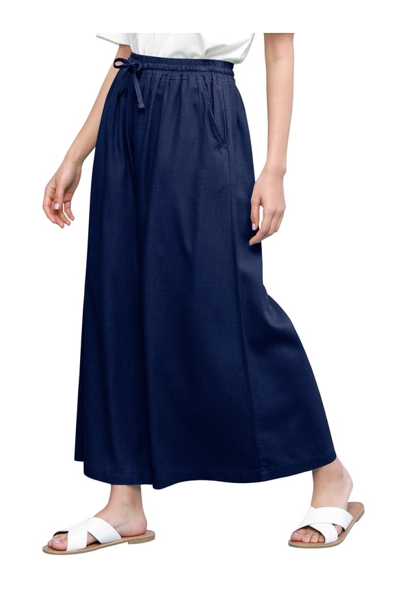 Women's Casual Loose Washed Linen Wide Leg Pants with Pockets and Drawstring M NAVY