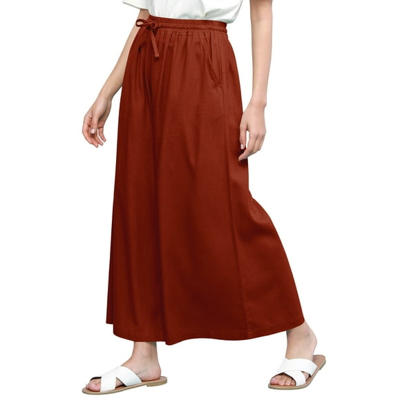 Made by Johnny Women's Casual Loose Washed Linen Wide Leg Pants with Pockets and Drawstring S BROWN_RED