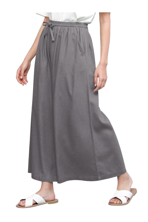 Women's Casual Loose Washed Linen Wide Leg Pants with Pockets and Drawstring XL GREY