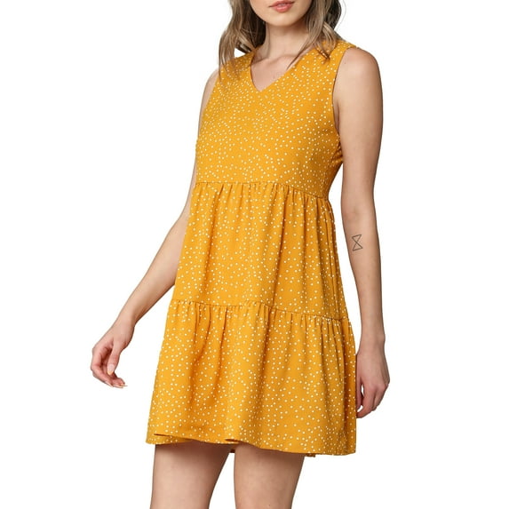 Made by Johnny Women's Casual Sleeveless V-Neck Loose Flowy Swing Shift Dress L MUSTARD_POLKA