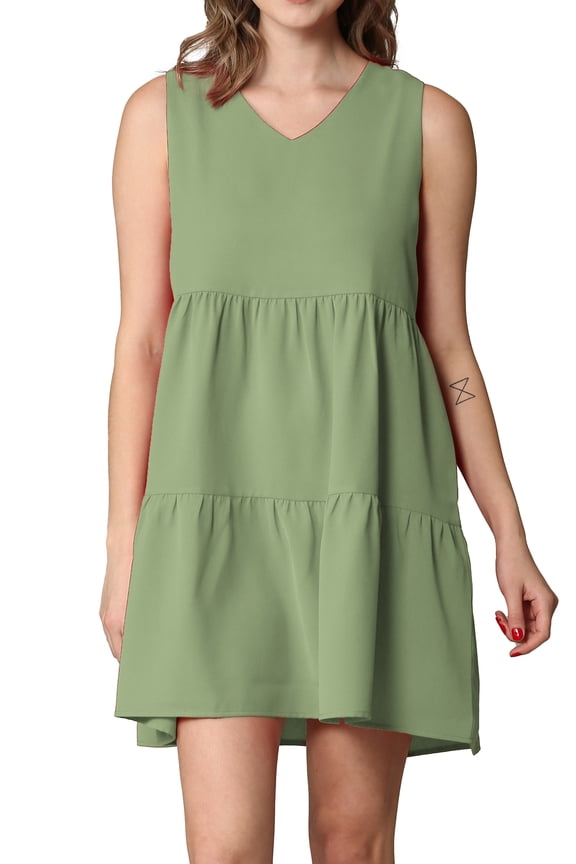 Women's Casual Sleeveless V-Neck Loose Flowy Swing Shift Dress L SAGE