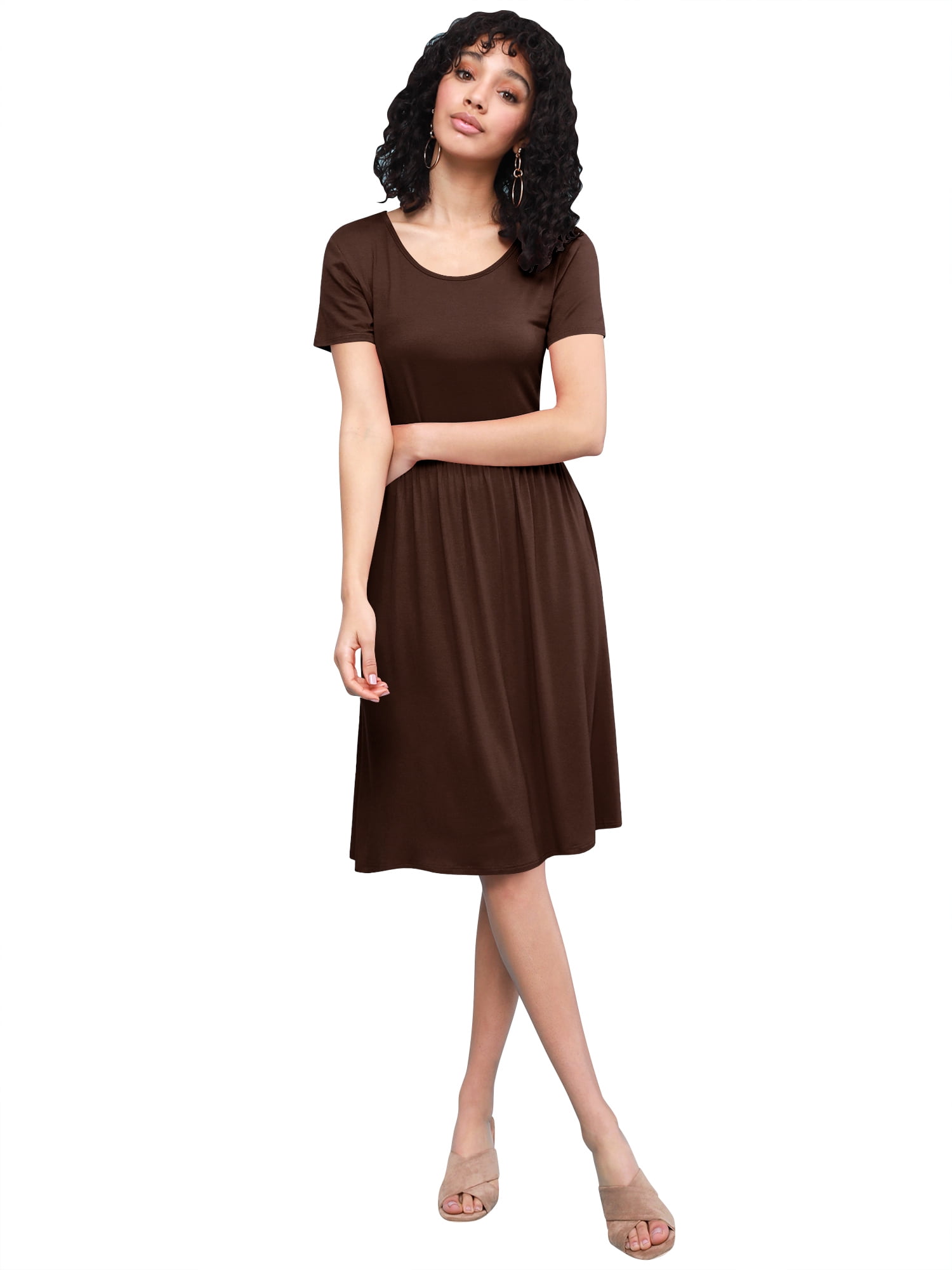 Made by Johnny Women's Comfy Casual Short Sleeve Flowy Dresses Loose Plain  Dress with Pockets XXL BROWN