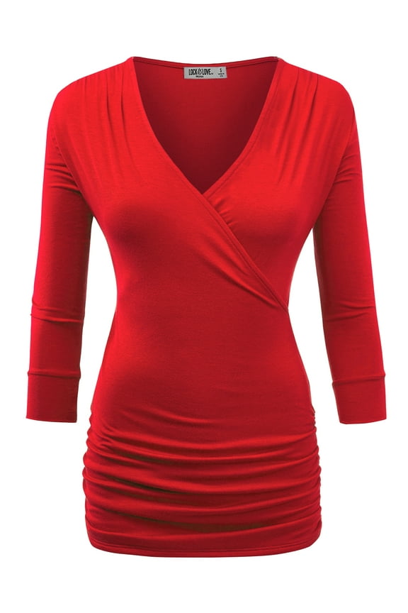 Women's Deep V-Neck 3/4 Sleeve Slim Fitted T-Shirt Casual Cross Surplice Wrap Tops L RED