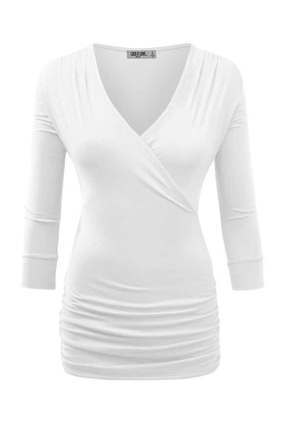 Women's Deep V-Neck 3/4 Sleeve Slim Fitted T-Shirt Casual Cross Surplice Wrap Tops M WHITE
