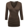 thumbnail image 1 of Made by Johnny Women's Deep V-Neck 3/4 Sleeve Slim Fitted T-Shirt Casual Cross Surplice Wrap Tops S BROWN, 1 of 6