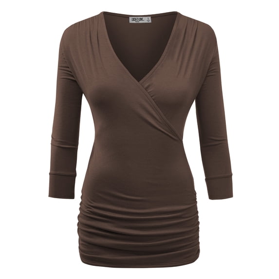 Made by Johnny Women's Deep V-Neck 3/4 Sleeve Slim Fitted T-Shirt Casual Cross Surplice Wrap Tops S BROWN