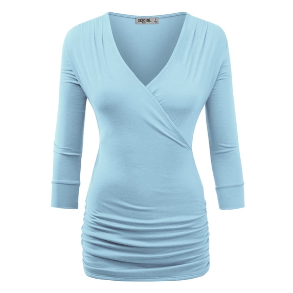 Made by Johnny Women's Deep V-Neck 3/4 Sleeve Slim Fitted T-Shirt Casual Cross Surplice Wrap Tops XL AQUA