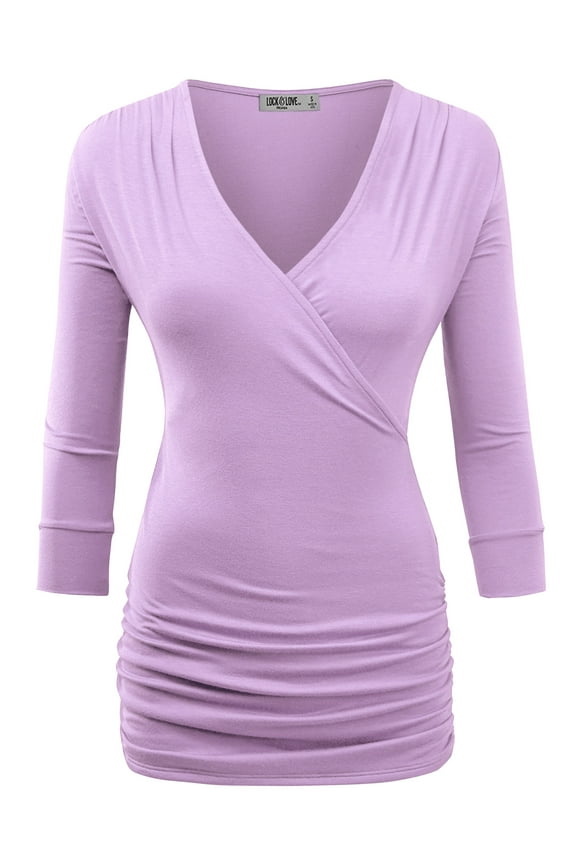 Women's Deep V-Neck 3/4 Sleeve Slim Fitted T-Shirt Casual Cross Surplice Wrap Tops XXL LILAC