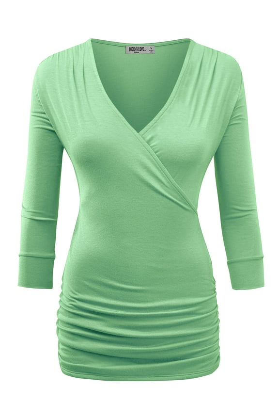 Women's Deep V-Neck 3/4 Sleeve Slim Fitted T-Shirt Casual Cross Surplice Wrap Tops XXL MINT