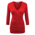 thumbnail image 1 of Made by Johnny Women's Deep V-Neck 3/4 Sleeve Slim Fitted T-Shirt Casual Cross Surplice Wrap Tops XXL RED, 1 of 6