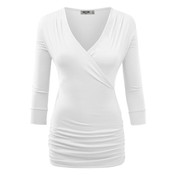 Made by Johnny Women's Deep V-Neck 3/4 Sleeve Slim Fitted T-Shirt Casual Cross Surplice Wrap Tops XXXL WHITE