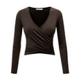 thumbnail image 1 of Made by Johnny Women's Deep V Neck Long Sleeve Cross Wrap Fitted Crop Top L BROWN, 1 of 6