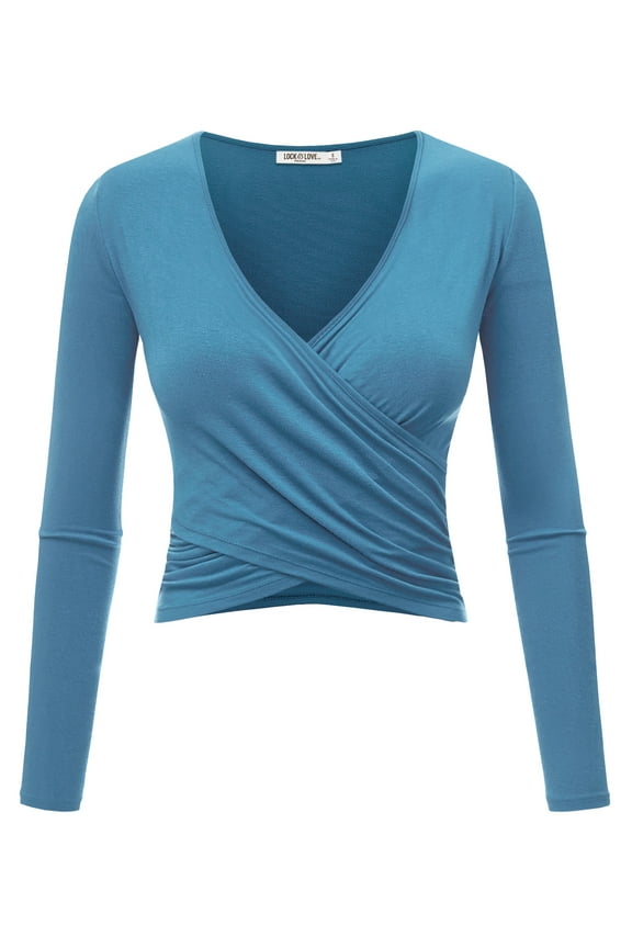 Women's Deep V Neck Long Sleeve Cross Wrap Fitted Crop Top M DENIM
