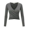 thumbnail image 1 of Made by Johnny Women's Deep V Neck Long Sleeve Cross Wrap Fitted Crop Top S HDG, 1 of 6