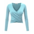 thumbnail image 1 of Made by Johnny Women's Deep V Neck Long Sleeve Cross Wrap Fitted Crop Top XL AQUA, 1 of 6