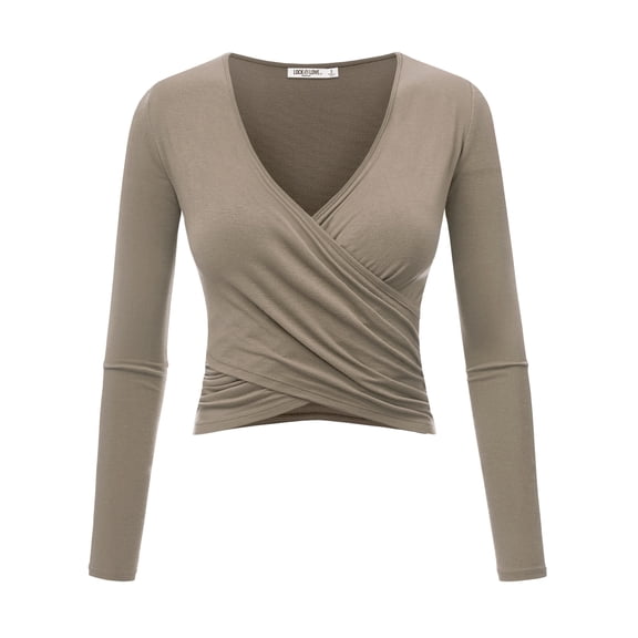 Made by Johnny Women's Deep V Neck Long Sleeve Cross Wrap Fitted Crop Top XL TAUPE