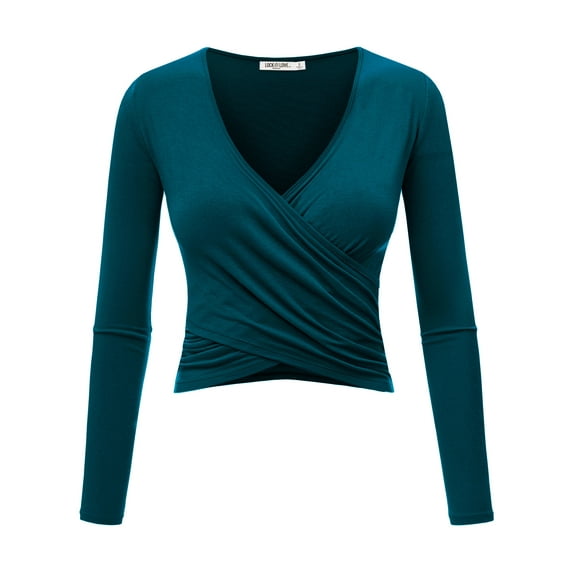 Made by Johnny Women's Deep V Neck Long Sleeve Cross Wrap Fitted Crop Top XL TEAL