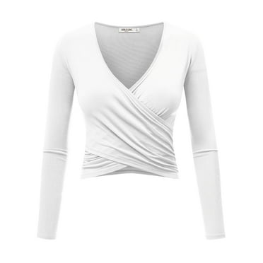 Made by Johnny Women's Deep V Neck Long Sleeve Cross Wrap Fitted Crop Top XL WHITE