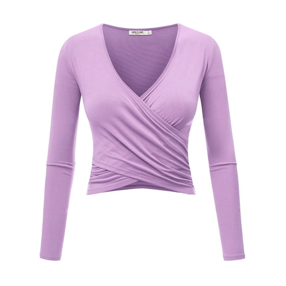 Made by Johnny Women's Deep V Neck Long Sleeve Cross Wrap Fitted Crop Top XXL LILAC