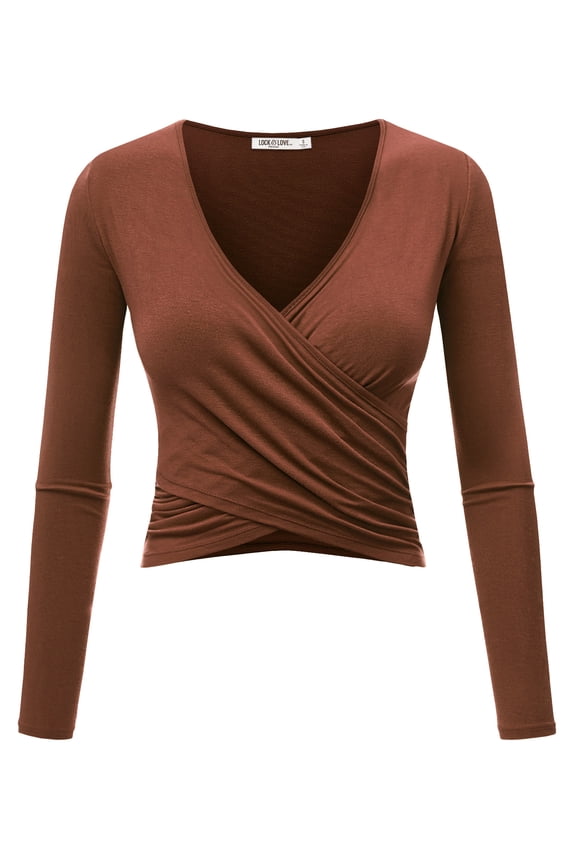 Women's Deep V Neck Long Sleeve Cross Wrap Fitted Crop Top XXL RUST