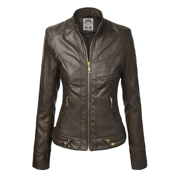 Made by Johnny Women's Dressy Vegan Leather Biker Jacket L COFFEE