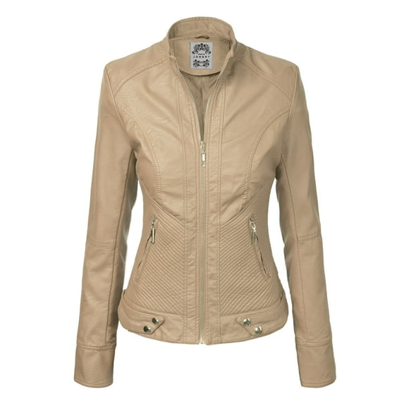 Made by Johnny Women's Dressy Vegan Leather Biker Jacket L KHAKI
