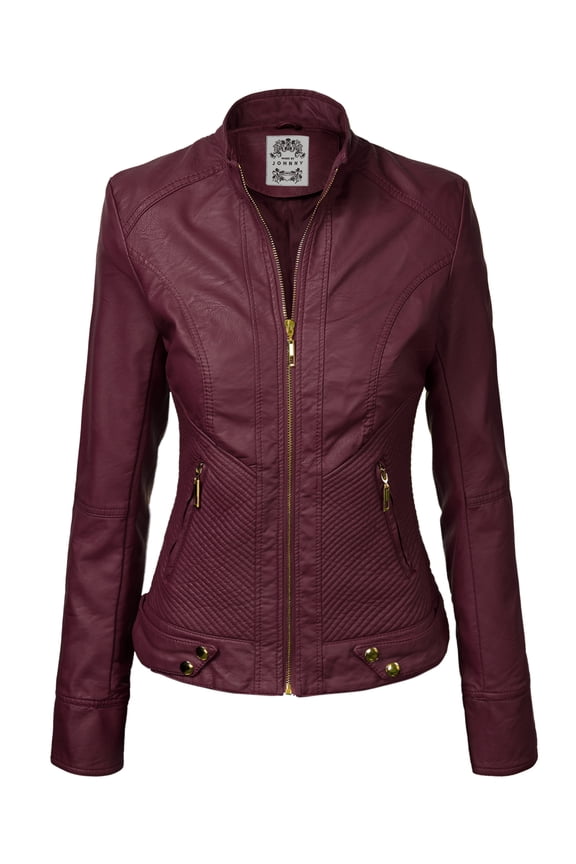Women's Dressy Vegan Leather Biker Jacket L WINE