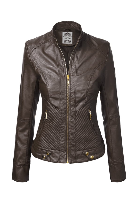 Women's Dressy Vegan Leather Biker Jacket M COFFEE