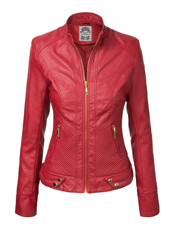 Women's Dressy Vegan Leather Biker Jacket M RED