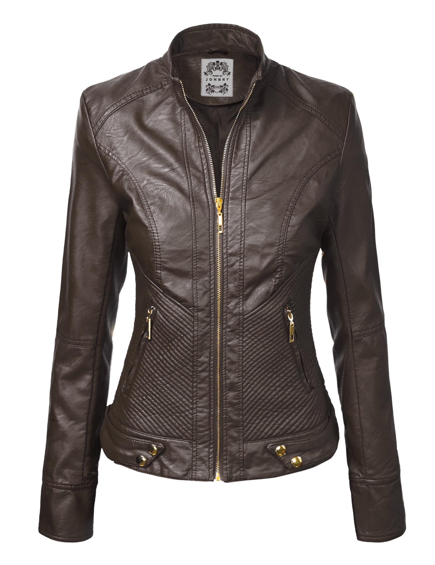 Made by Johnny Women's Dressy Vegan Leather Biker Jacket S COFFEE