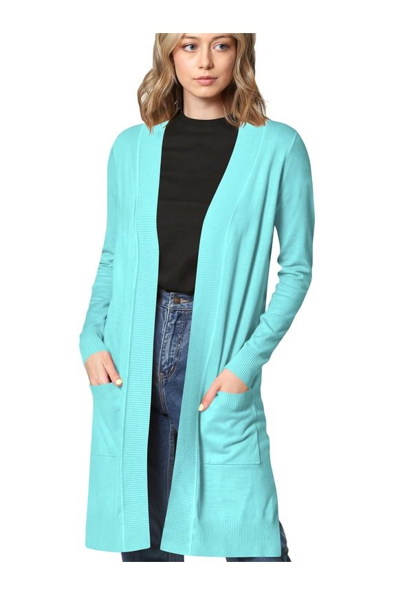 Women's Essential Long Sleeve Solid Open Front Long Knited Cardigan Sweater with Pocket for Women L MINT