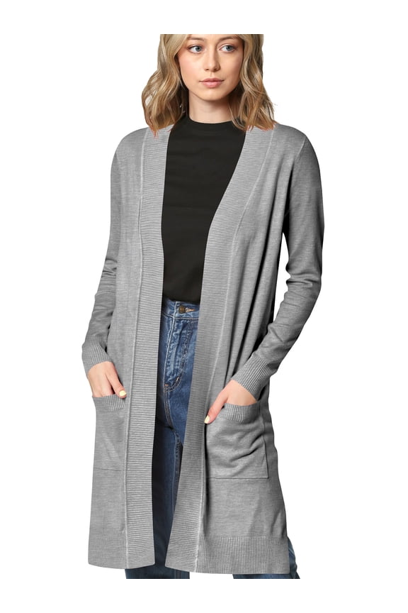 Women's Essential Long Sleeve Solid Open Front Long Knited Cardigan Sweater with Pocket for Women M HEATHER_GREY