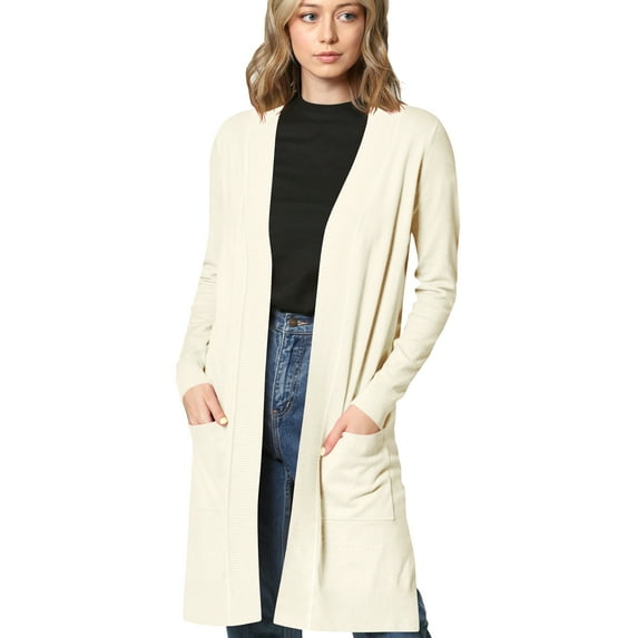 Made by Johnny Women's Essential Long Sleeve Solid Open Front Long Knited Cardigan Sweater with Pocket for Women S IVORY