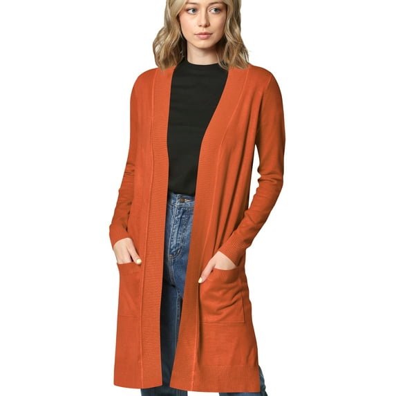Made by Johnny Women's Essential Long Sleeve Solid Open Front Long Knited Cardigan Sweater with Pocket for Women S RUST